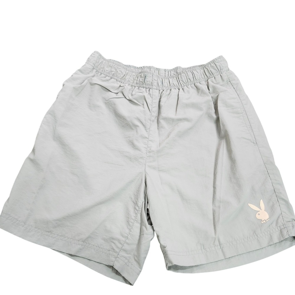 Playboy by PacSun Mens Nylon Swim Trunks Light Grey Logo Athletic Shorts Large